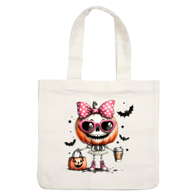 A whimsical pumpkin-skull character with a pink polka dot bow, sunglasses, a skeleton outfit, and holding a coffee cup. heat press transfers