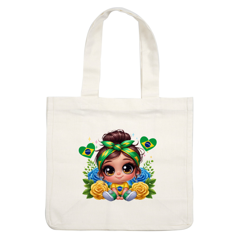 A cute, cheerful girl in a Brazilian-themed outfit with a green and yellow headband, surrounded by colorful flowers and hearts.DTF Transfersdtf regular iron