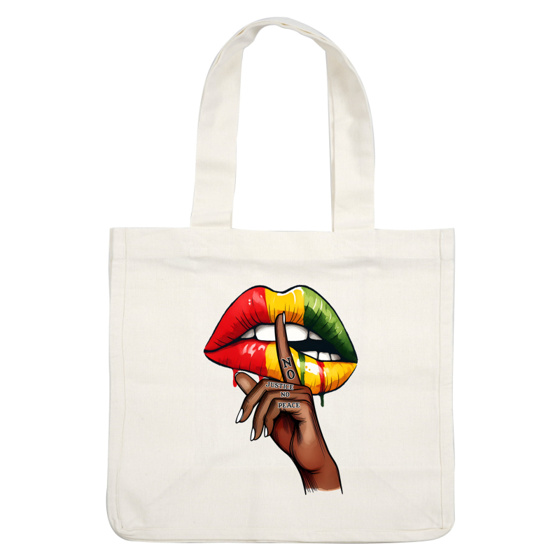 A vibrant artwork featuring bold lips in red, yellow, and green, with a finger gesture displaying the message "No Justice No Peace." dtf transfers