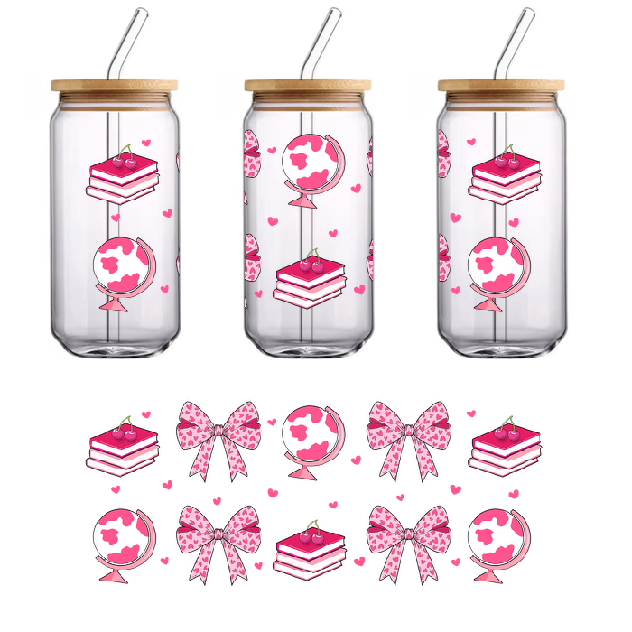 A seamless pattern features books, bows, globes, and hearts in a whimsical, pastel pink and purple color scheme.UV Transfers