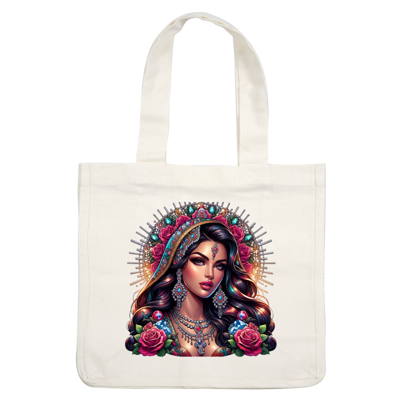 A stunning portrait of a woman adorned with vibrant floral accents, intricate jewelry, and a decorative headpiece, radiating elegance and beauty.dtf regular iron