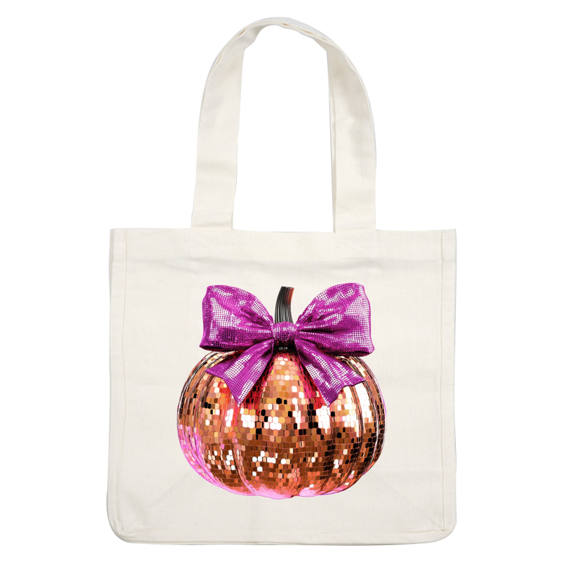 A glamorous, sequined pumpkin in vibrant shades of rose gold and purple, adorned with a shiny bow for a festive touch. dtf prints