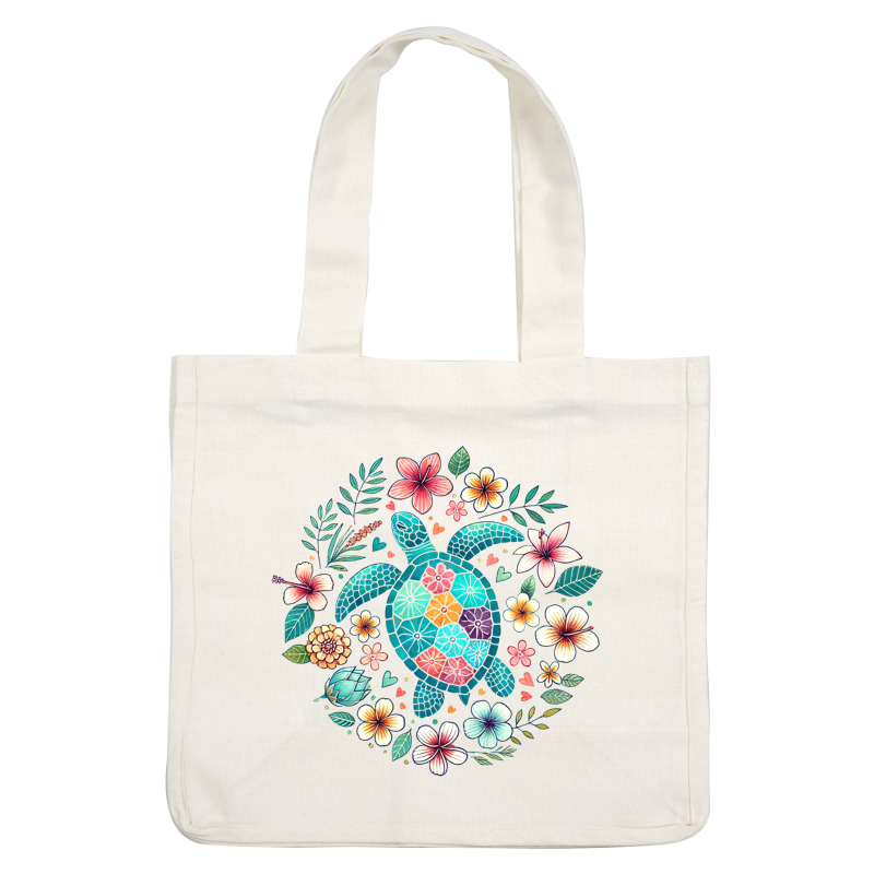 Vibrant illustration of a turtle surrounded by colorful flowers and leaves.DTF Transfers