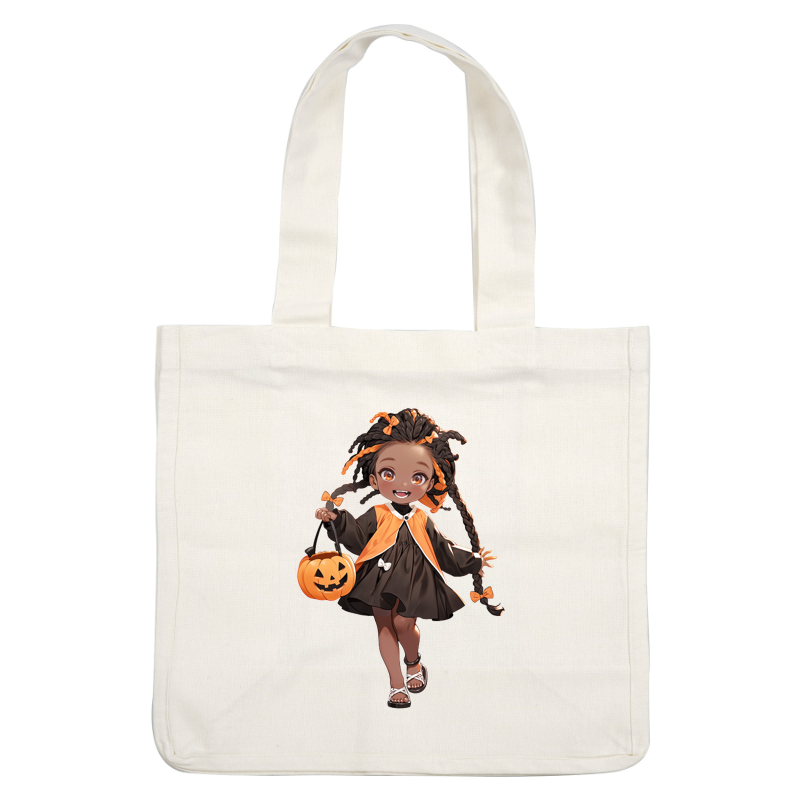 A cheerful child in a cute black and orange Halloween dress holds a pumpkin bucket, ready for trick-or-treating. heat press transfers