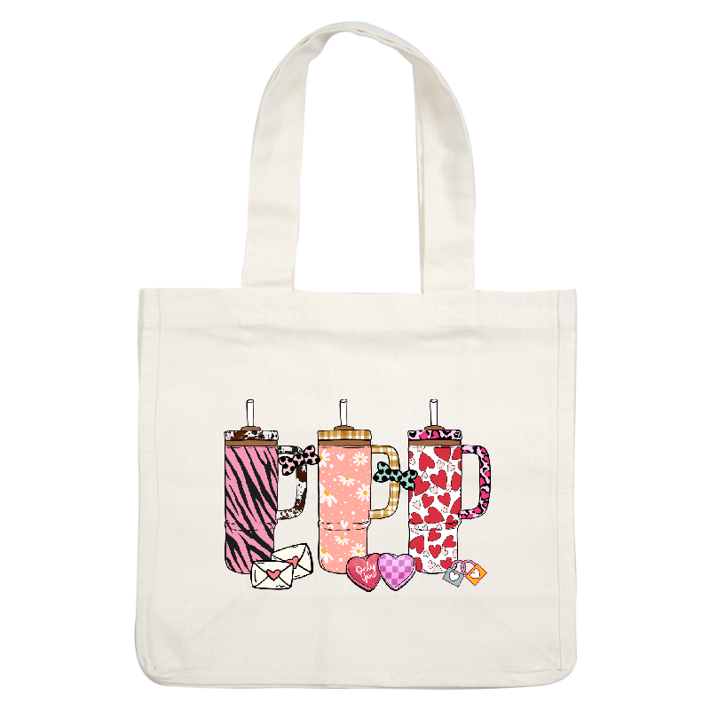 Three colorful mugs with unique heart and floral designs.DTF Transfers