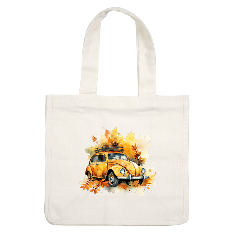 A vintage yellow car with a roof rack, surrounded by a beautiful autumn scene filled with colorful leaves. dtf prints