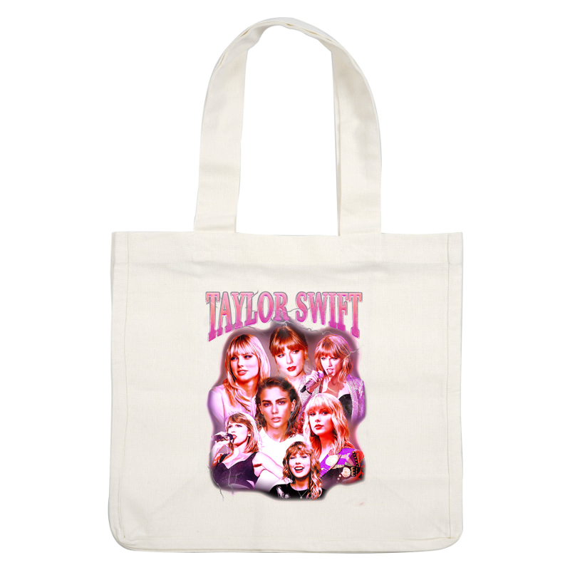 A vibrant collage featuring Taylor Swift with multiple photos showcasing her iconic looks and performances, highlighted by a bold title.DTF Transfers dtf prints