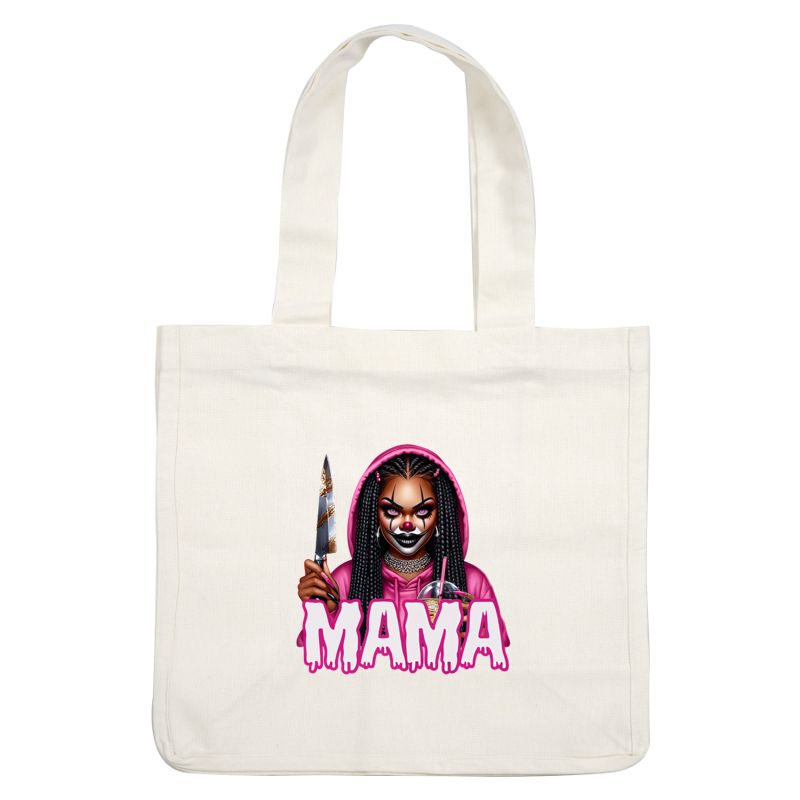 A bold, artistic illustration of a clown-inspired figure wearing a pink hoodie, holding a knife and a drink, labeled "MAMA." dtf transfers