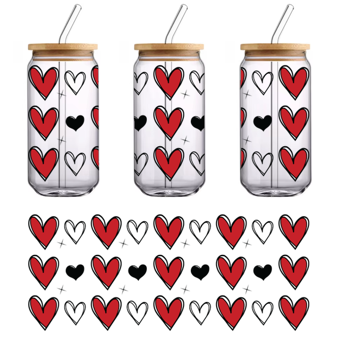 A vibrant pattern of red hearts on a black background, perfect for conveying love and affection in any design.UV Transfers dtf prints