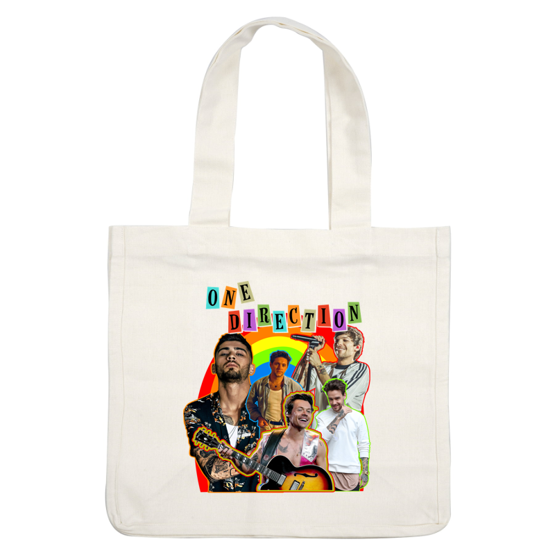 A vibrant collage featuring the members of One Direction against a colorful rainbow background, showcasing their diverse styles and musical talents.DTF Transfers heat press transfers