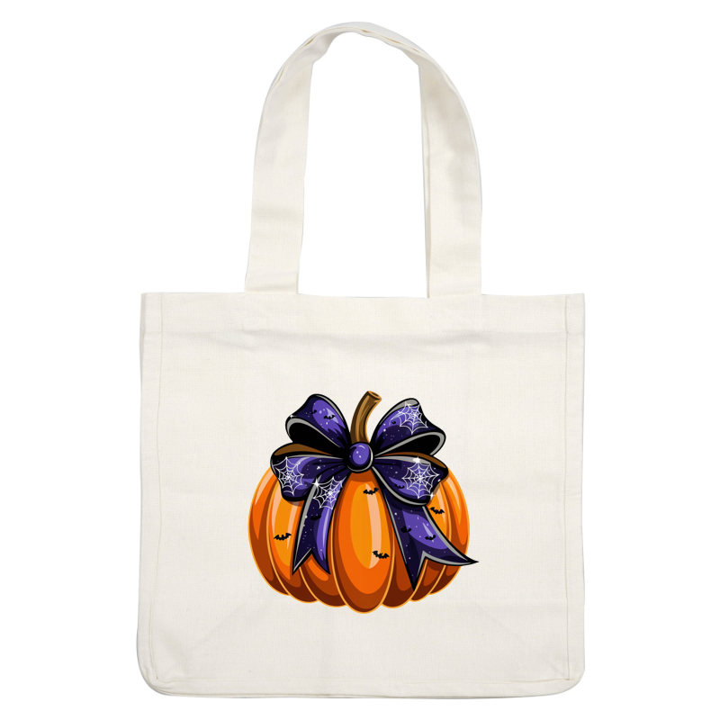 Una calabaza de color naranja vibrante decorada con un lazo morado oscuro con telarañas y murciélagos, perfecta para las festividades de Halloween.