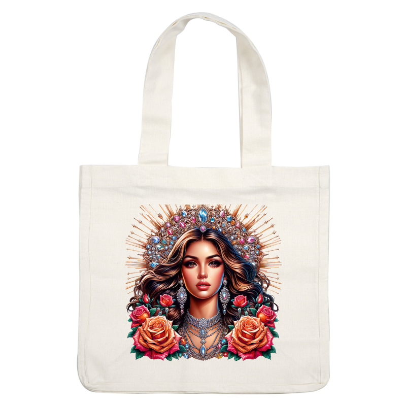 A stunning illustration of a woman adorned with intricate jewelry and roses, radiating beauty and elegance with a golden backdrop. dtf prints