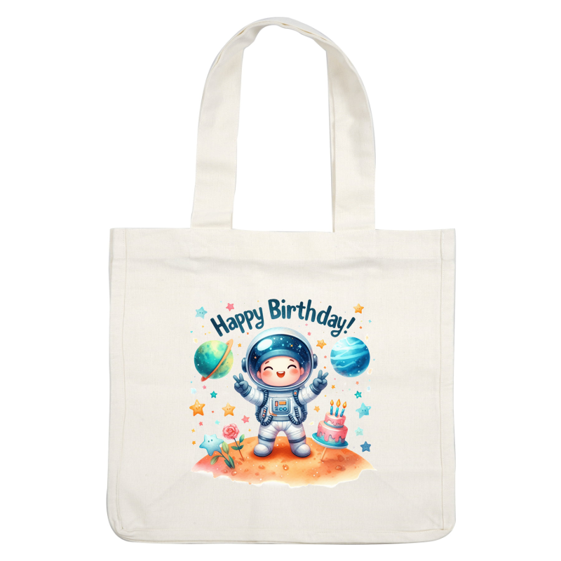 Celebrate in style with this adorable astronaut birthday illustration, complete with planets, stars, and a tasty birthday cake!DTF Transfers