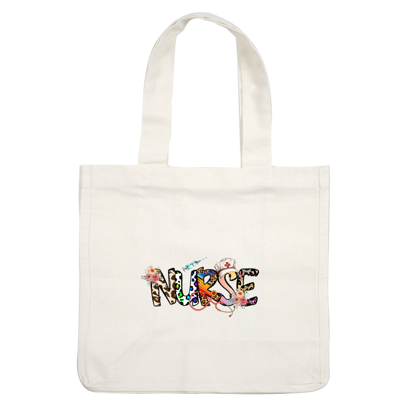 A vibrant and colorful design featuring the word "NURSE" with floral accents, a syringe, and a nurse's hat.DTF Transfers