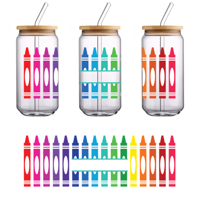 Una vibrante variedad de ilustraciones con crayones en varios colores, perfectas para estimular la creatividad en proyectos de arte y manualidades. Transferencias UV