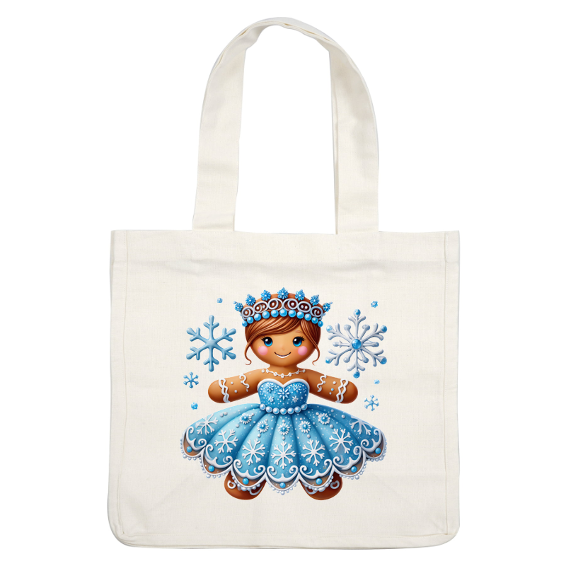 Una encantadora niña de jengibre con un vestido azul brillante adornado con copos de nieve, con una corona festiva y una expresión alegre. Transferencias DTF