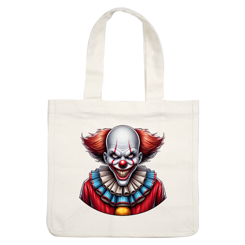 A menacing clown with striking red hair, a sinister smile, and a colorful ruffled collar, perfect for Halloween vibes. heat press transfers