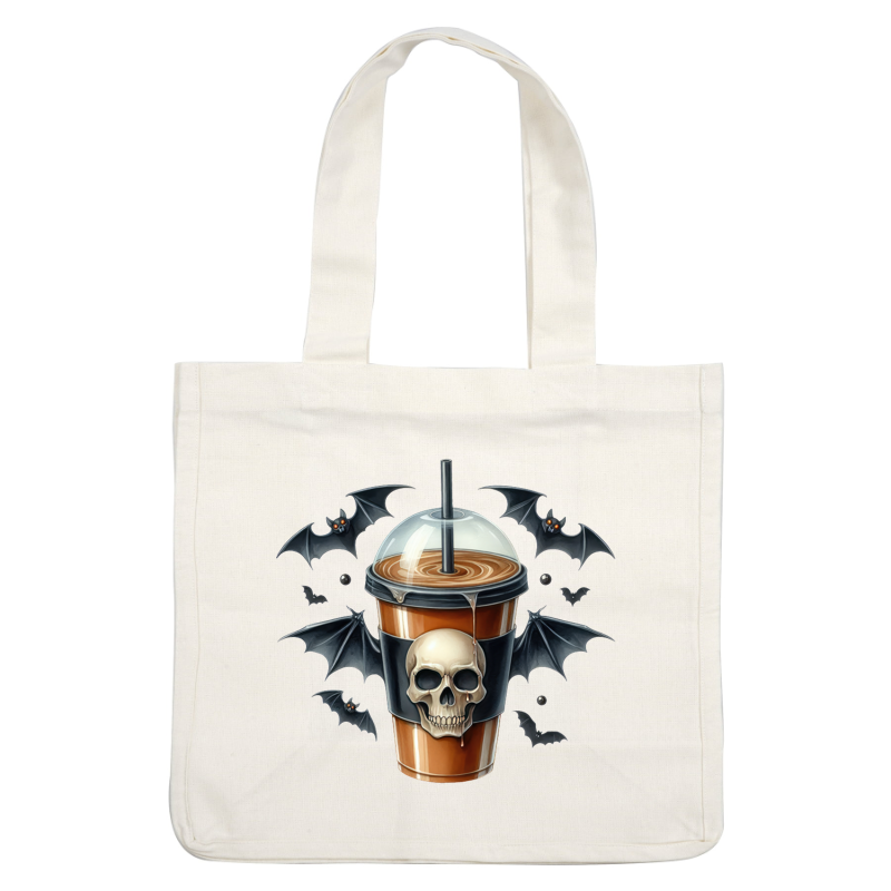 A spooky Halloween-themed drink featuring a skull design and dripping details, surrounded by playful bats.dtf regular iron