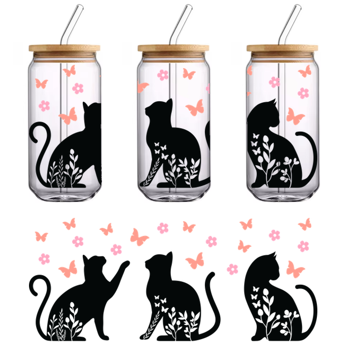 Set of three cat wall stickers with floral designs.UV Transfers