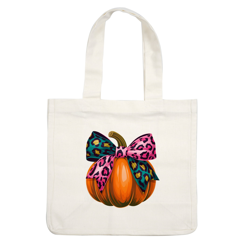 A vibrant orange pumpkin adorned with a stylish pink and teal leopard print bow, perfect for a playful fall aesthetic. dtf transfers