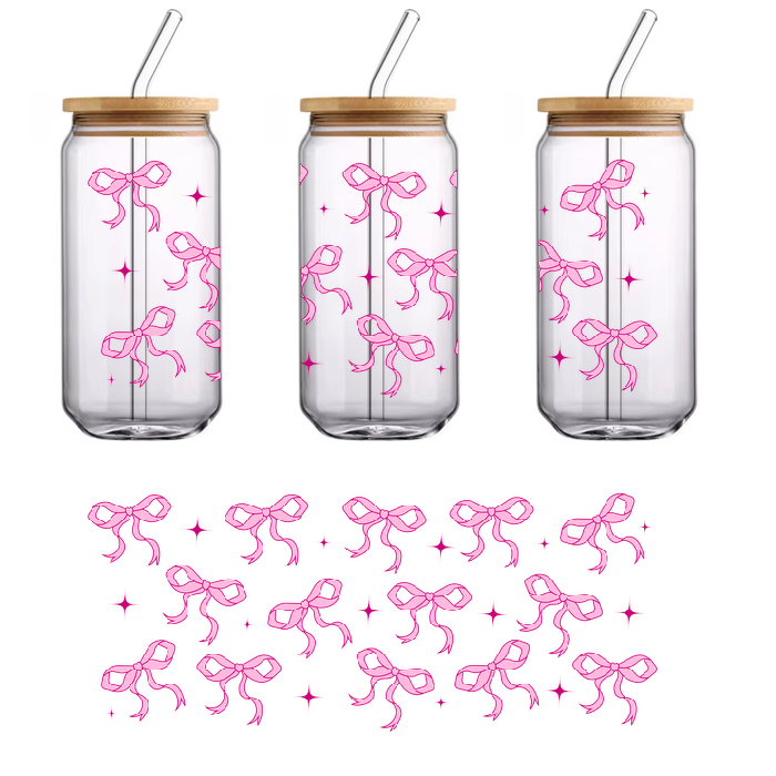 Pretty pink bow design in rows set against a cherubic green background.UV Transfers