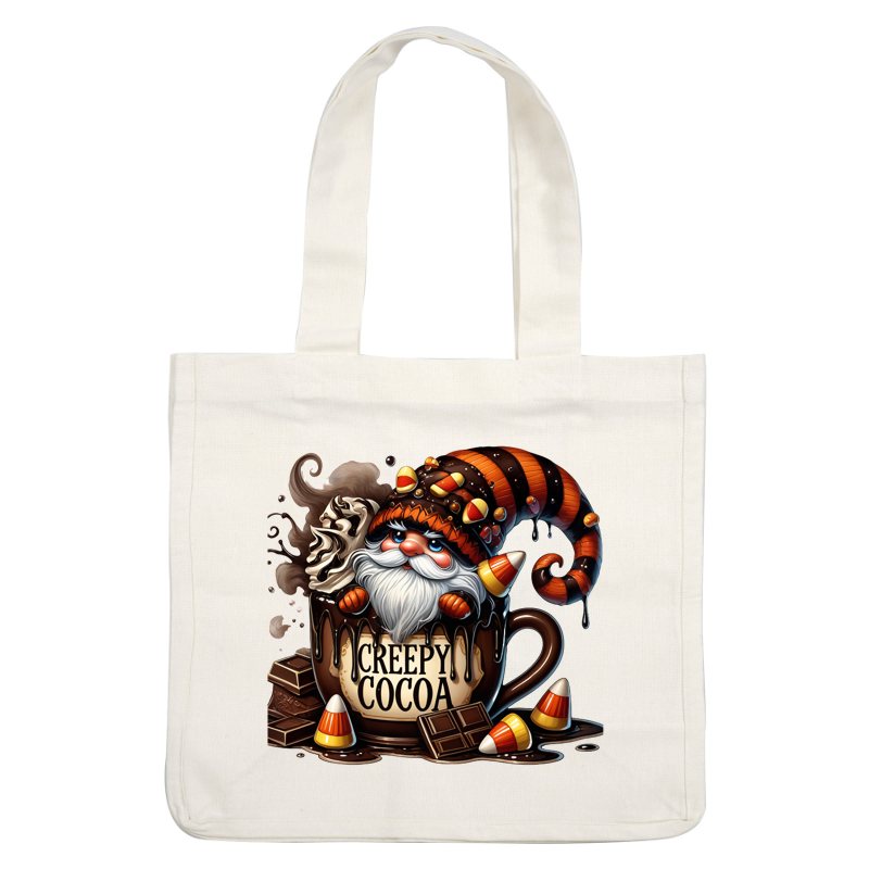 A whimsical gnome sits atop a dripping mug labeled "Creepy Cocoa," surrounded by chocolate bars and candy corn. dtf transfers