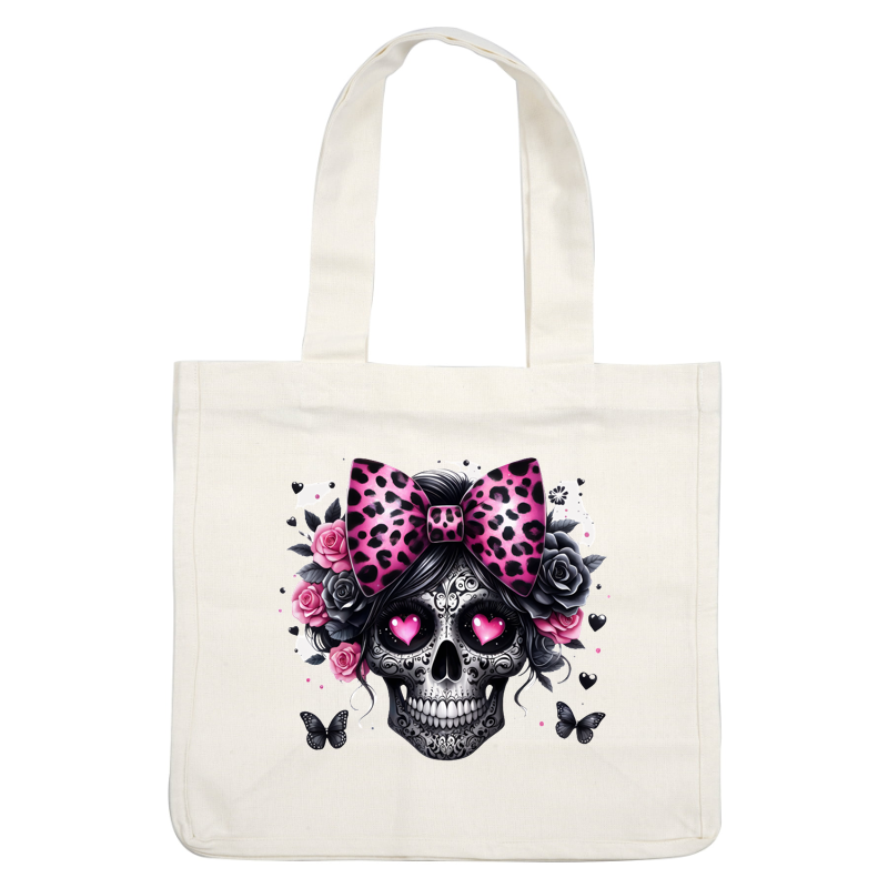 Una calavera bellamente decorada con un lazo con estampado de leopardo rosa, rodeada de rosas y mariposas vibrantes, que irradia una vibra divertida.