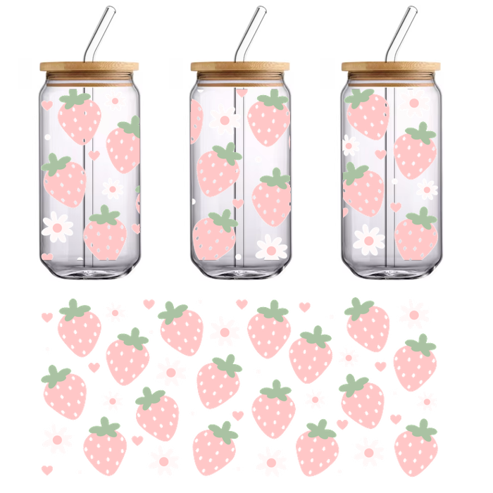 A fabric with pink strawberries and daisies on a black background.UV Transfers