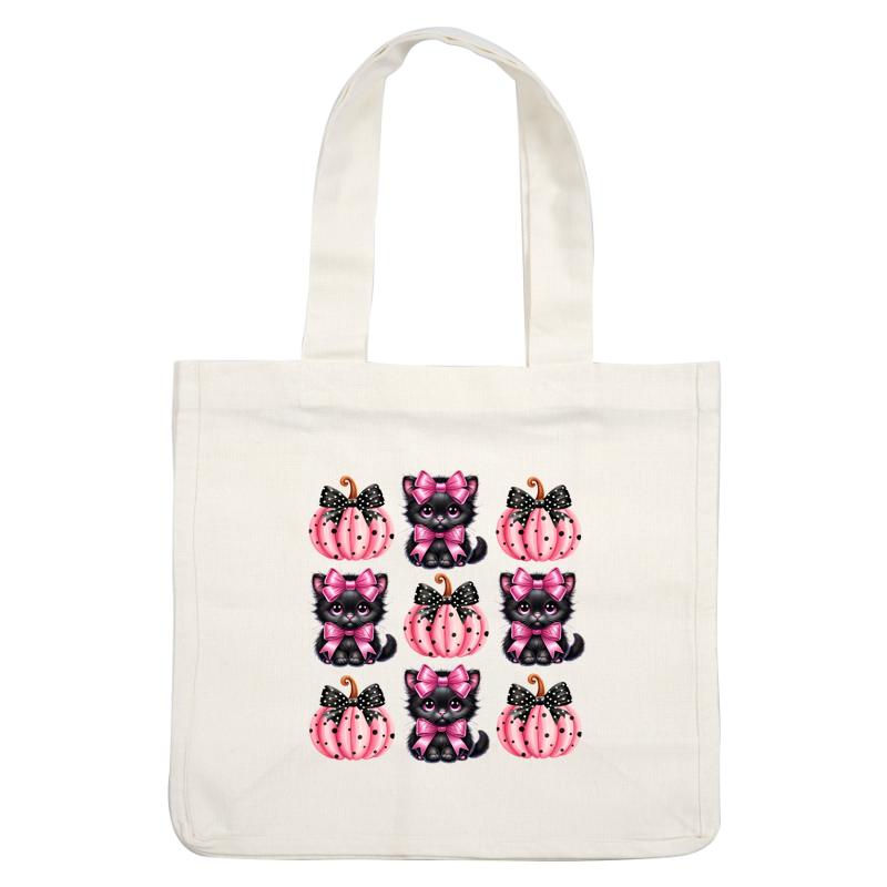 Una encantadora ilustración que presenta lindos gatitos negros con lazos rosas junto a calabazas de lunares rosas y negros, perfectas para temas de otoño.