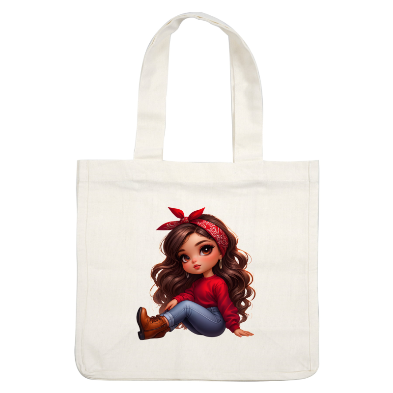 A charming, cartoon-style girl with long, curly hair, wearing a red sweater, blue jeans, and brown boots, topped with a red bandana.dtf regular iron