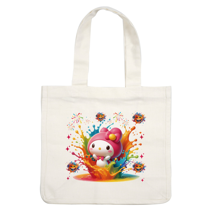 Un personaje divertido en un vibrante toque de colores, rodeado de festivos fuegos artificiales y alegres máscaras, que irradia alegría. Transferencias DTF