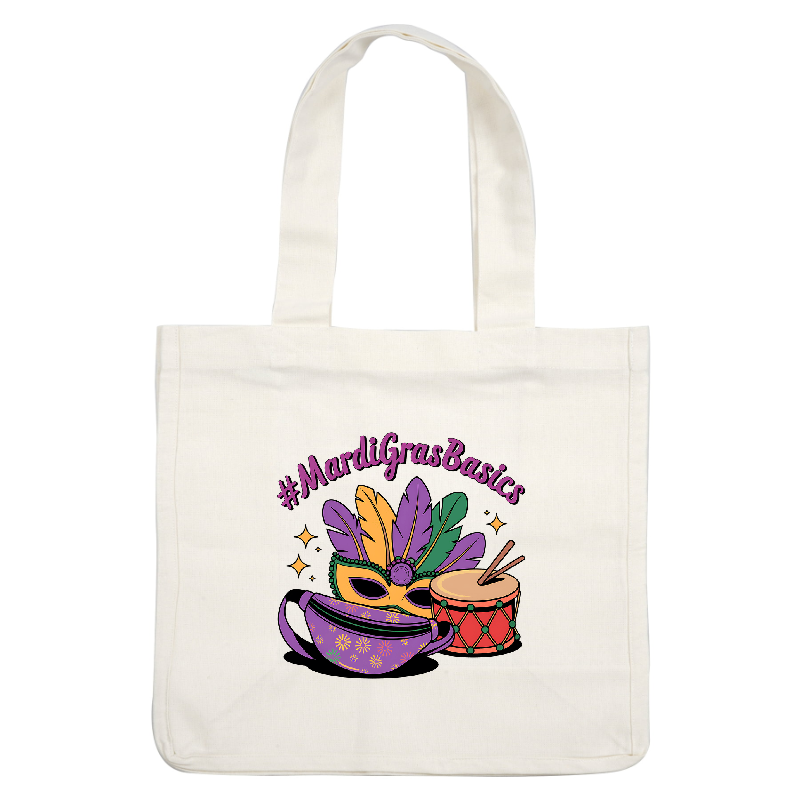 Celebrate Mardi Gras with this colorful design featuring a festive mask, drum, and a stylish fanny pack, all emblazoned with #MardiGrasBasics!DTF Transfers