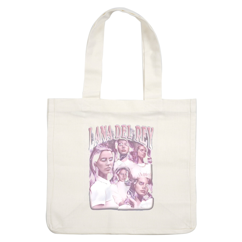 Un gráfico vibrante que presenta múltiples representaciones elegantes de una mujer, llamada Lana Del Rey, con tonos rosados y un toque artístico. Transferencias DTF