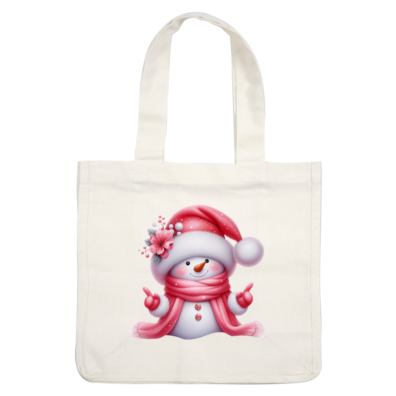 ¡Un alegre muñeco de nieve vestido con un sombrero y una bufanda rosas, adornado con flores, difundiendo alegría festiva con una gran sonrisa!