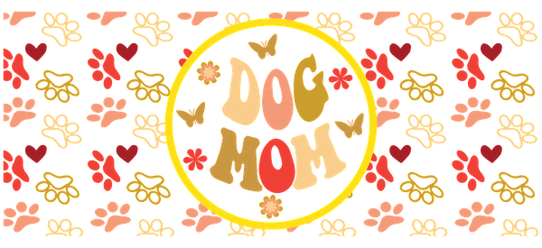 A playful design featuring the phrase "DOG MOM" surrounded by colorful paw prints and hearts, perfect for dog lovers.UV Transfers heat press transfers