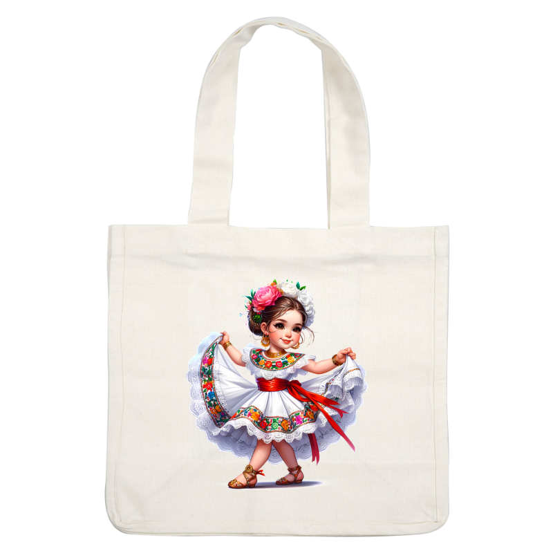 A joyful young girl in a vibrant traditional dress, adorned with floral patterns, twirling gracefully with a colorful ribbon.dtf regular iron