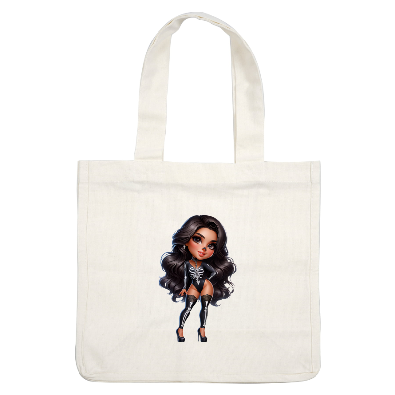 Una elegante muñeca vestida con un traje de esqueleto, con un glamoroso cabello largo y llamativas medias hasta el muslo.