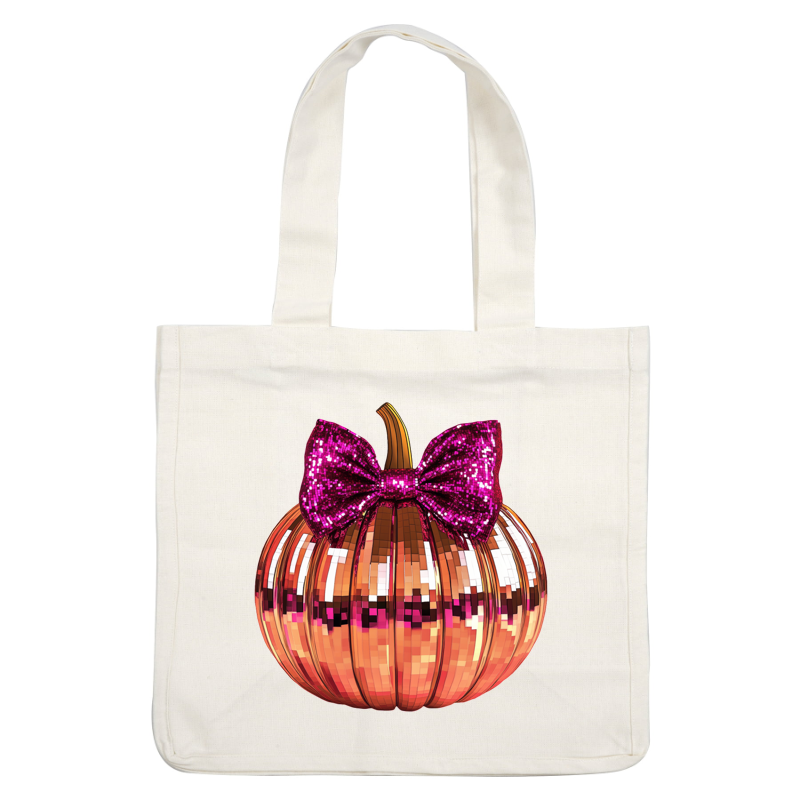 A dazzling pink and gold pumpkin adorned with a sparkly bow, perfect for festive fall decor. dtf prints