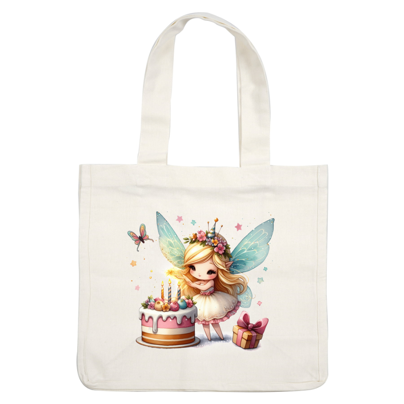 A whimsical fairy with sparkling wings and a flower crown celebrates beside a colorful birthday cake and a gift.DTF Transfers