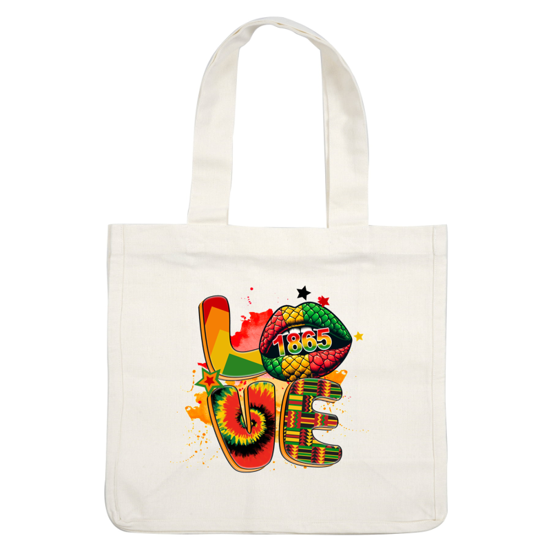 Gráfico vibrante que presenta la palabra "AMOR" con elementos artísticos, incluido un estampado de labios colorido y un año atrevido "1865".