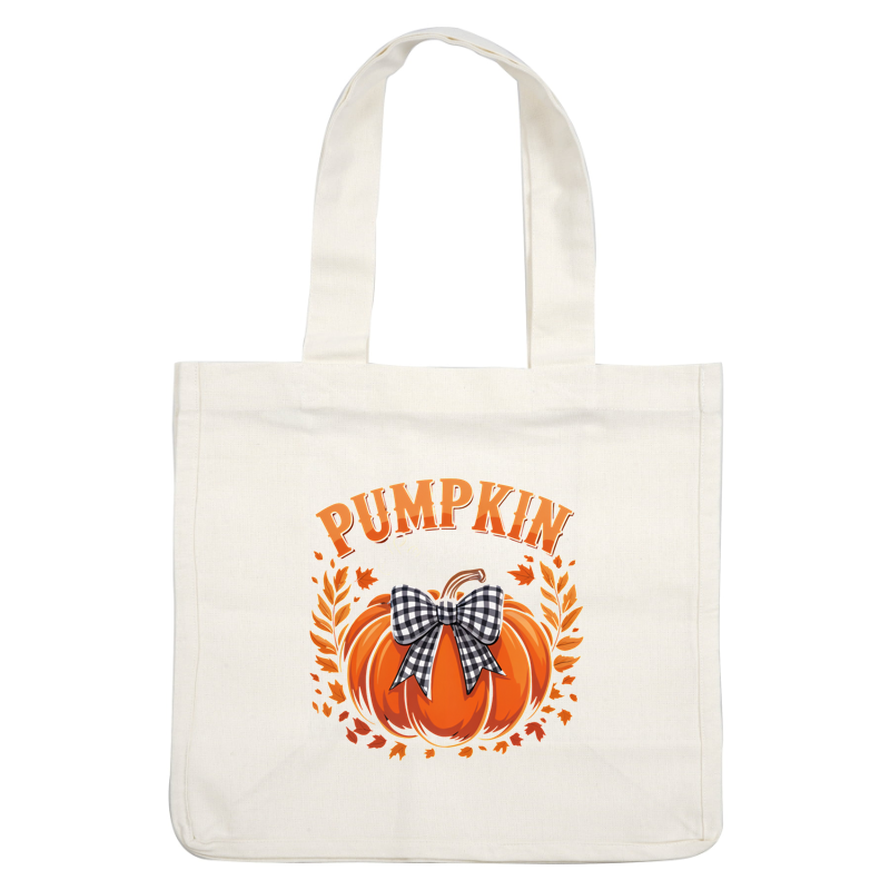 Celebrate "Pumpkin Season" with this cheerful graphic featuring an orange pumpkin adorned with a black and white plaid bow. dtf transfers