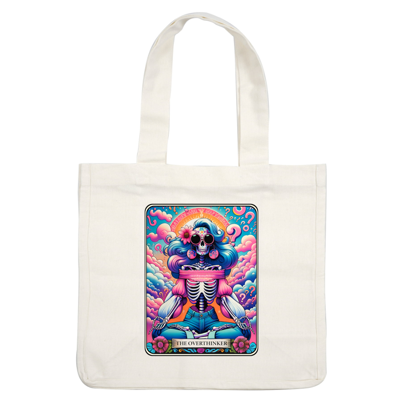 A vibrant, psychedelic illustration of a skeleton named "The Overthinker," adorned with flowers and surrounded by colorful clouds and question marks. dtf transfers