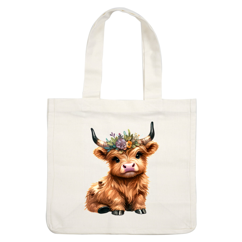A charming, illustrated Highland cow adorned with a floral crown, featuring a fluffy golden-brown coat and a playful expression.dtf regular iron