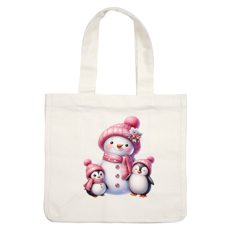 A cheerful snowman and two adorable penguins, all wearing pink hats and scarves, spread festive winter joy. heat press transfers