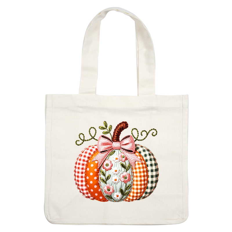 Charming decorative pumpkin featuring floral patterns and vibrant fabrics with ribbon.DTF Transfers
