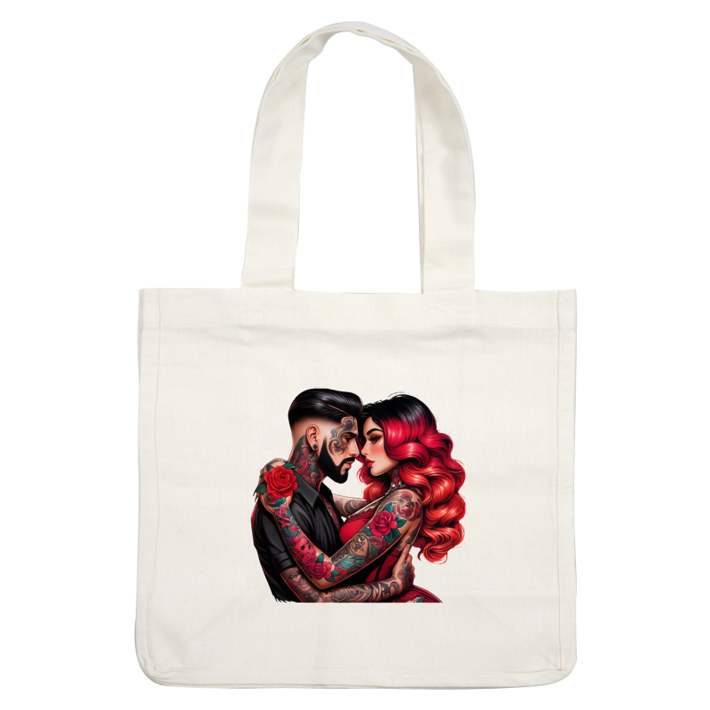 A striking couple embraces, showcasing vibrant tattoos adorned with roses, highlighting their artistic styles and passionate connection.DTF Transfers dtf transfers