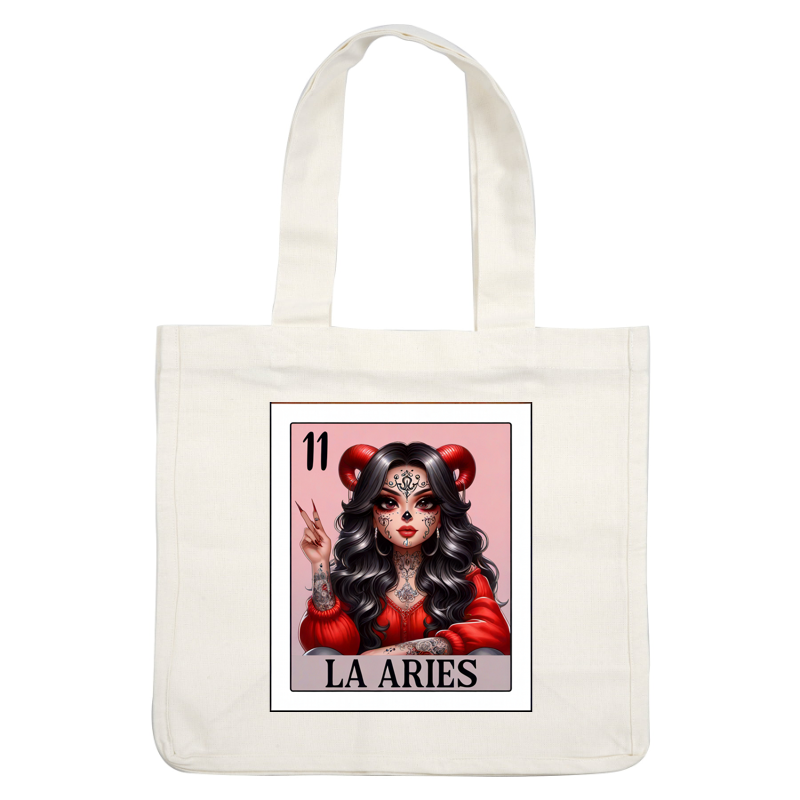 A bold illustration of a tattooed woman with ram horns, wearing a red top, representing the Aries zodiac sign. dtf prints