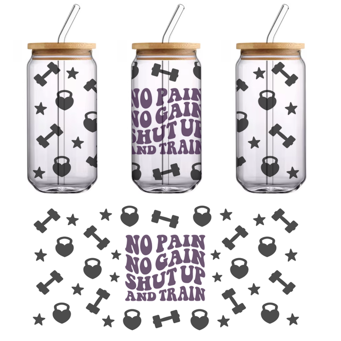 Tipografía en negrita de color violeta sobre una cita motivadora de fitness: "Sin dolor no hay ganancia, cállate y entrena". ¡Perfecta para los entusiastas del gimnasio! Transferencias UV