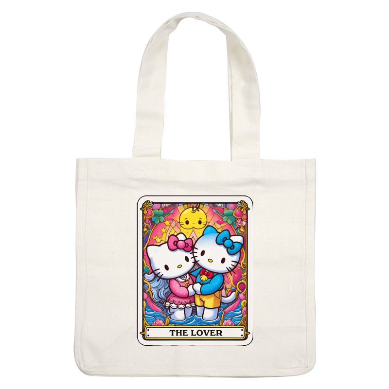 Esta vibrante ilustración presenta a Hello Kitty y a su amiga como "El Amante", rodeadas de diseños coloridos y extravagantes. Transferencias DTF