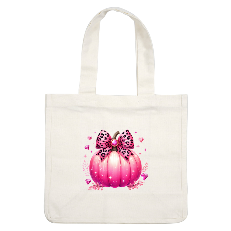 ¡Una glamorosa calabaza rosa adornada con un lazo con estampado de leopardo y gemas brillantes, perfecta para una elegante decoración otoñal!